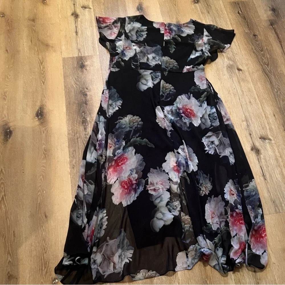 Adriana Papell Floral Black Jumpsuit with sheer attached skirt 18W